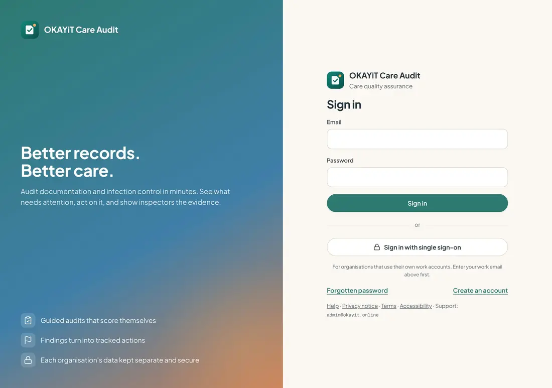The OKAYiT Care Audit sign-in screen.