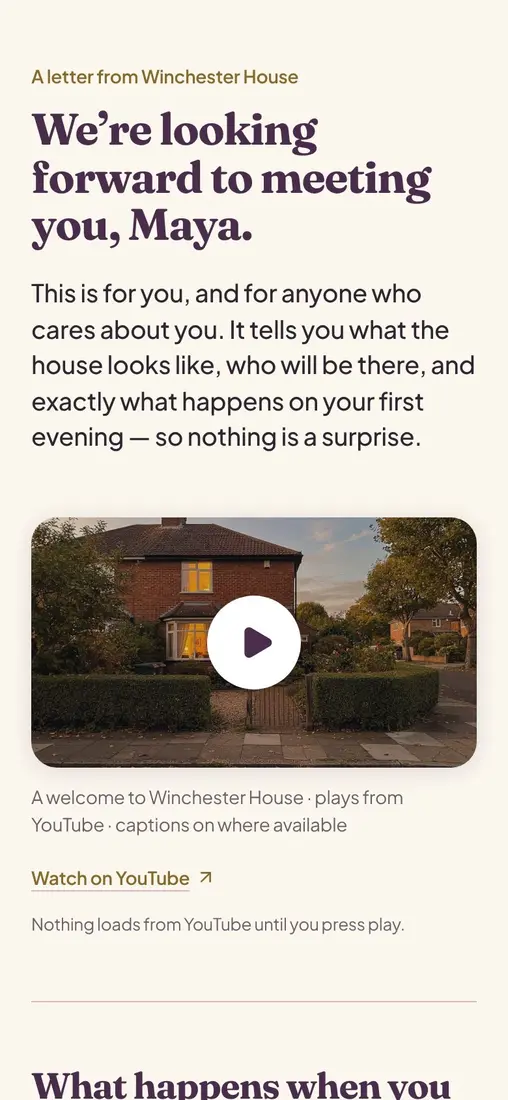 An example welcome letter on a phone, with a video of the house.